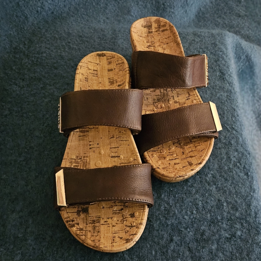 Vionic Pepper Cork Platform Wedge Brown Leather Sandals Size 5